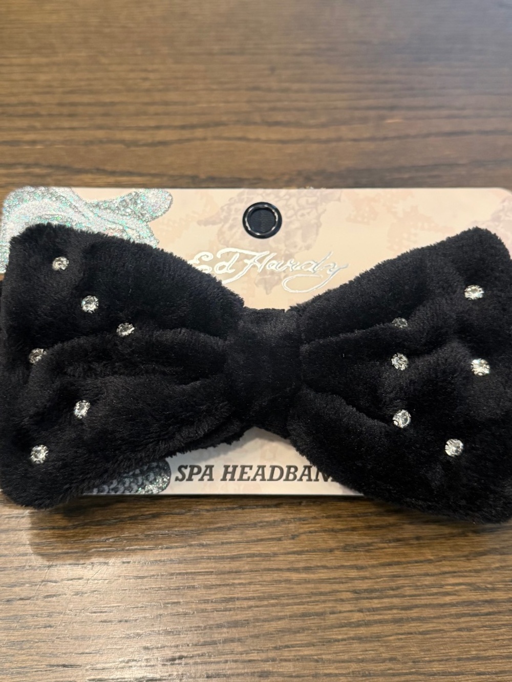 NWT - Ed Hardy Black Plush Rhinestone Bow Spa Headband